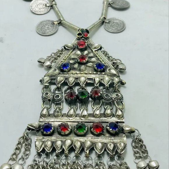 Silver Vintage Long Pendant Necklace with Coins Handmade Afghan Pendant Necklace - Picture 4 of 11
